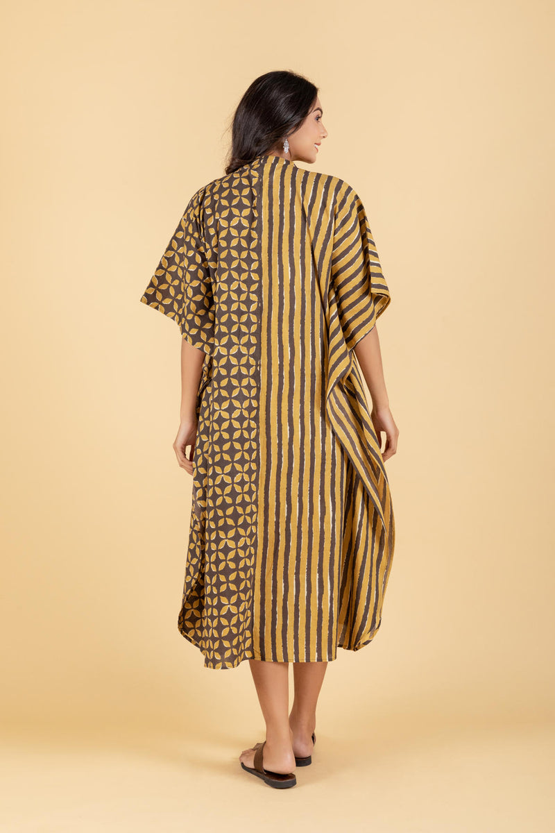 Hand Block Printed Mustard Brown Kaftan Dress with Pocket
