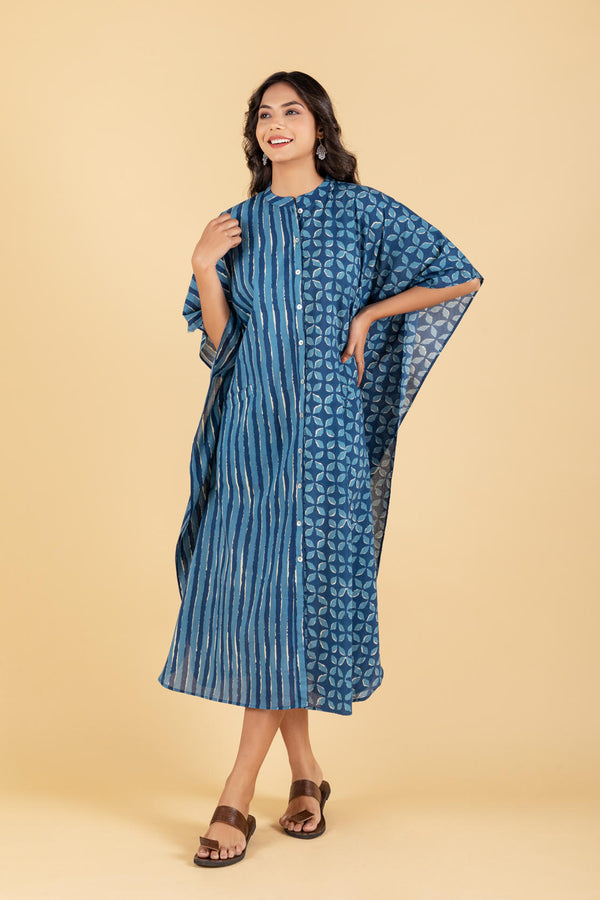 Hand Block Printed Indigo Kaftan Dress with Pocket