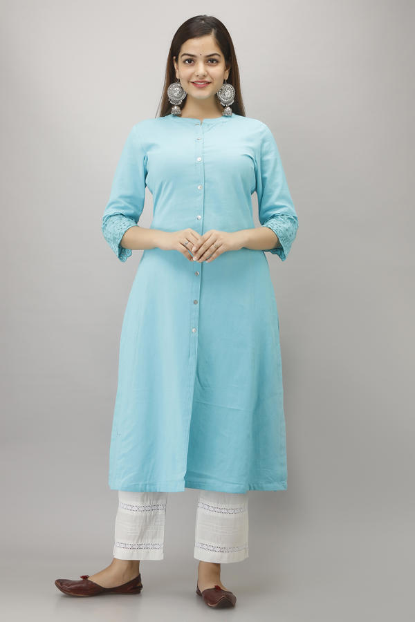 Blue Flex Cotton A-Line Embroidered Sleeves Kurta With Pant