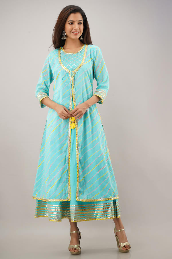 Firozi Cotton Double Layered Lehriya  Gota Work Kalidaar Dress 