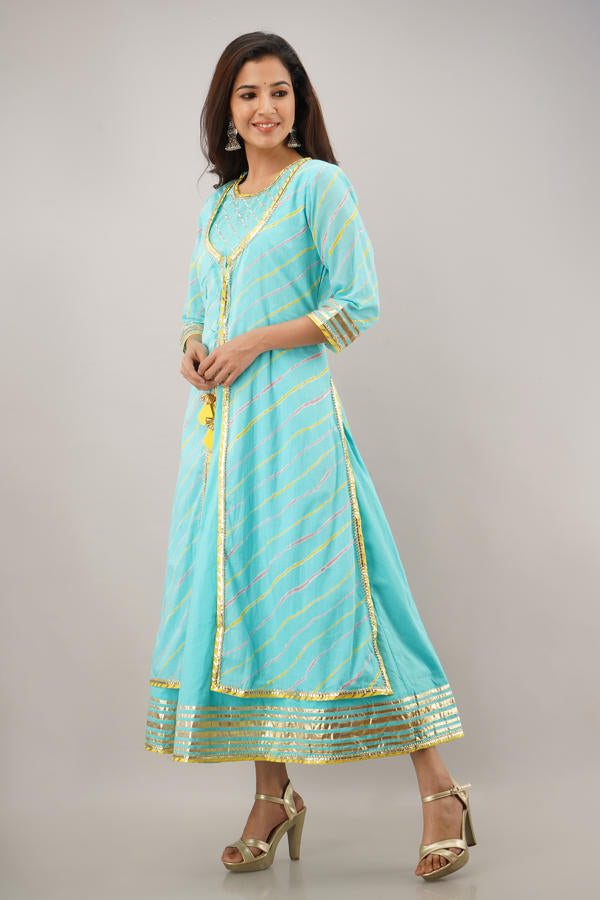 Firozi Cotton Double Layered Lehriya Kalidaar Dress 
