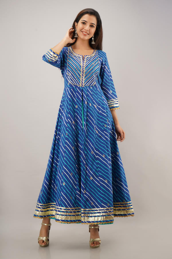 Blue Cotton Double Layered Lehriya  Gota Work Kalidaar Dress 
