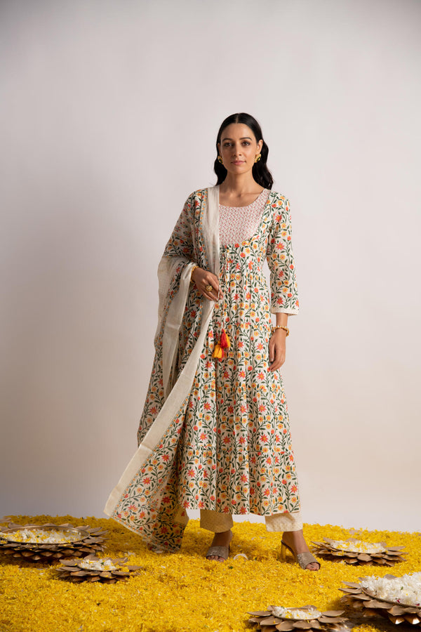 White Floral Print Gathered Kurta with Pant and Dupatta