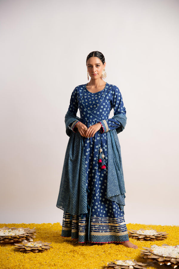 Blue Bandhani Print Kalidaar Dress with Dupatta