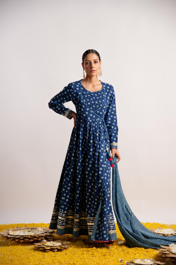 Blue Bandhani Print Kalidaar Dress with Dupatta