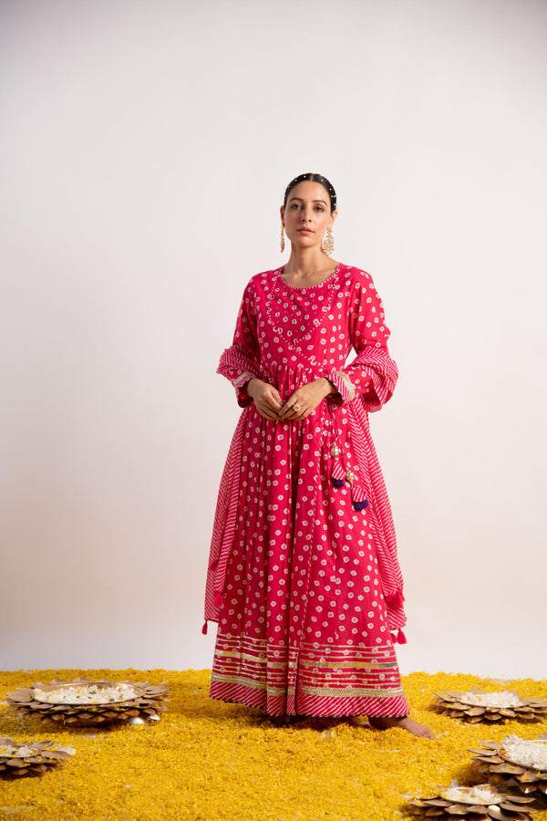 Pink Bandhani Print Kalidaar Dress with Dupatta