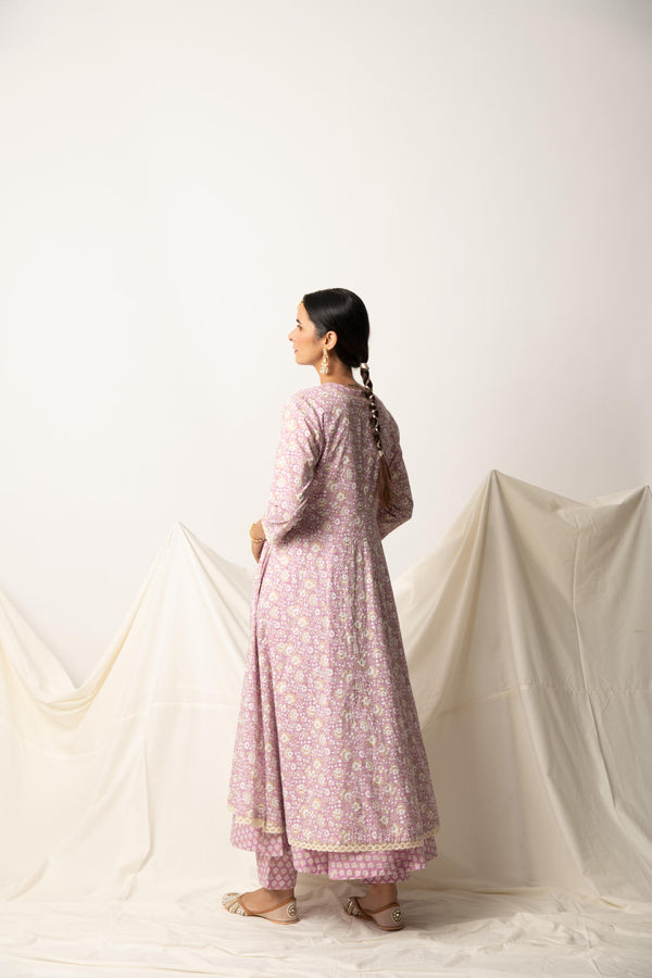 Levender Floral Gold Print double Layered Flare Kurta